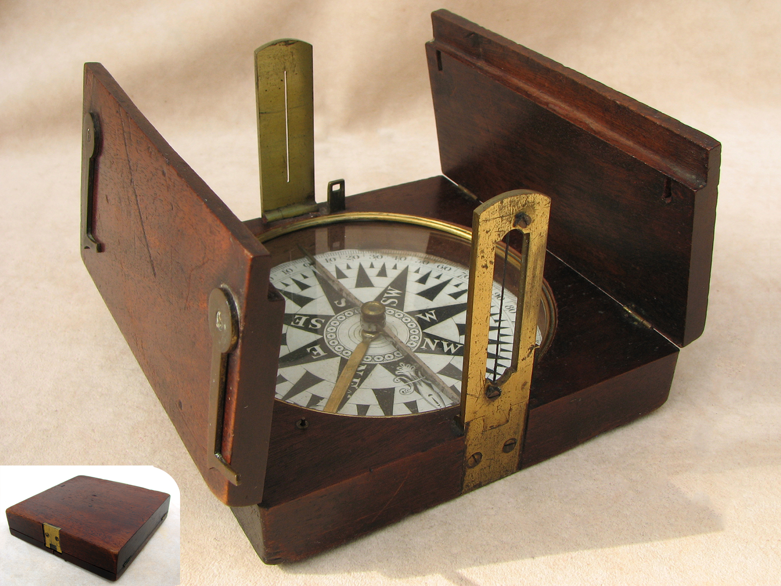 19th century surveying compass with rare lid design